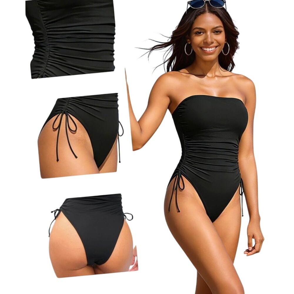Yoniqe Women Black Strapless 1 Piece Swimsuit Ruched Tummy Control XS Cheeky Tie - Picture 3 of 8